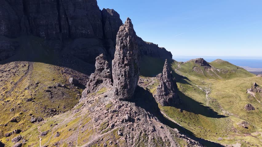 Drone shot of Old Man of Storr basalt pinnacle, Isle of Skye, Scotland, UK