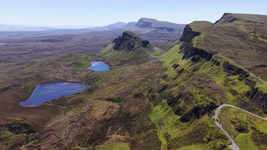 Aerial view of Quiraing landslip formation on Isle of Skye, Scotland, UK