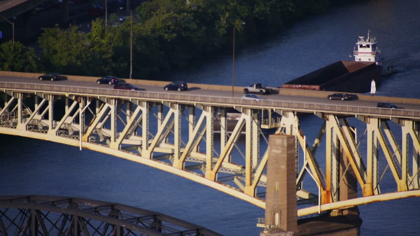Traffic crosses the Liberty Bridge over the Monongahela River in Pittsburgh, PA.