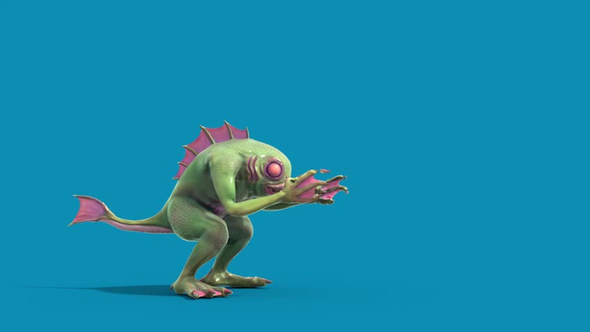 Blue Screen Fish Man Monster Attacks Side Loop 3D Animation Rendering CGI 4K