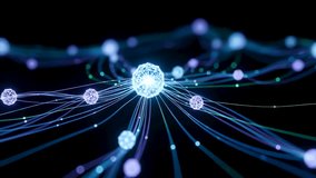 Dynamic abstract digital network featuring glowing spheres interconnected by vibrant data streams on a dark background. Symbolizes AI, big data, and global connectivity with a futuristic visual style - Powered by Shutterstock - Get 15% off with code: PIKWIZARD15