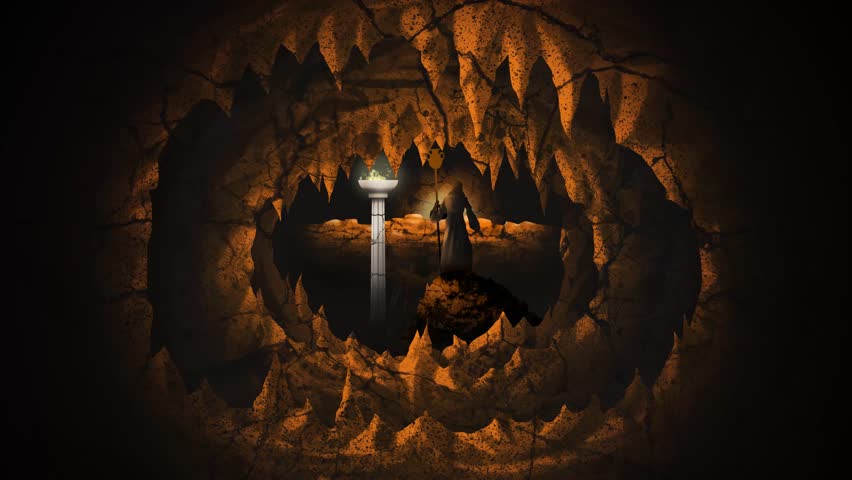 view of platos cave allegory with priest casting shadows on the wall
