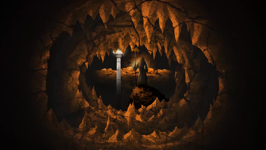 view of plato cave allegory with priest casting shadows on the wall