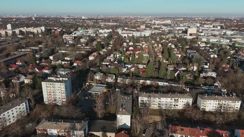 View of a residential area in Berlin against a clear morning sky, Germany, Europe