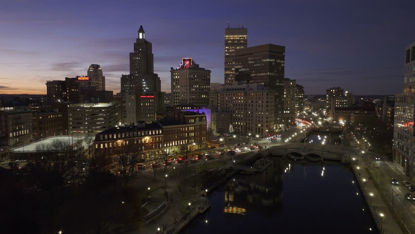 Aerial view of Downtown Providence at sunset.