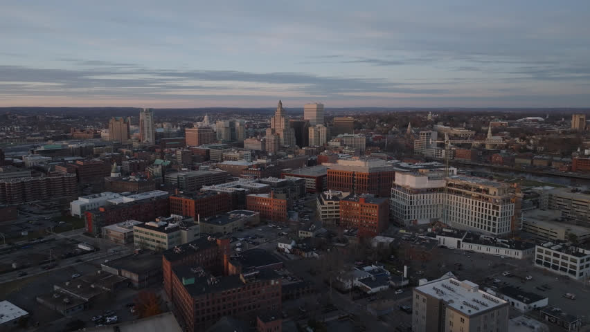 Aerial view of Providence at dusk. Shot on an autumn day in Rhode Island.