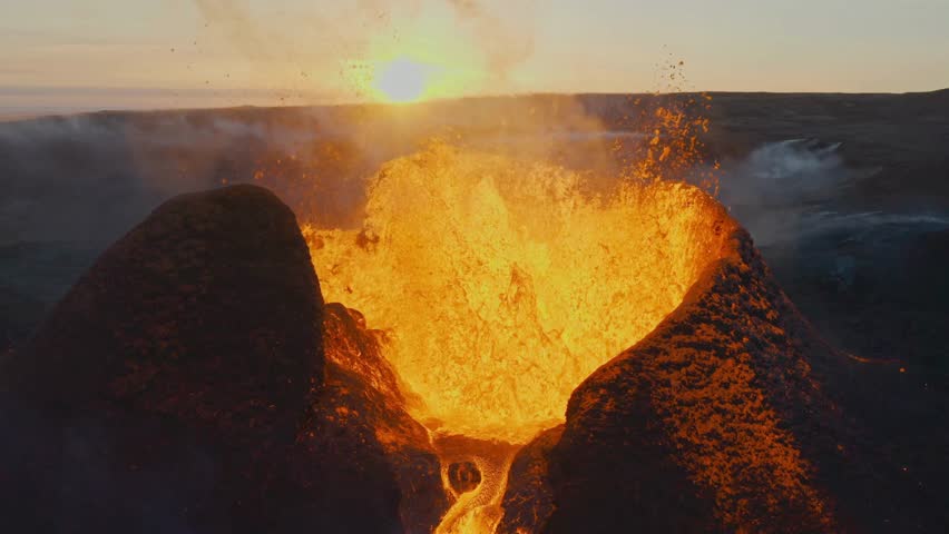 A stunning volcanic eruption erupts molten lava from the crater against a sunset backdrop, casting beautiful hues across the landscape in an awe-inspiring display.