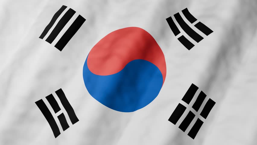 3D animation of South Korea national flag waving seamlessly in loop. Taegukgi with white background, red and blue taegeuk symbol and black trigrams, national celebration concept.