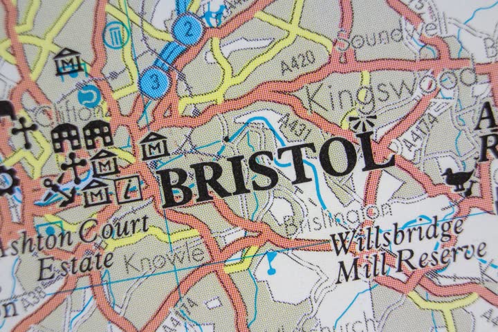 Bristol - England, United Kingdom colour atlas map town name of the area zoom in