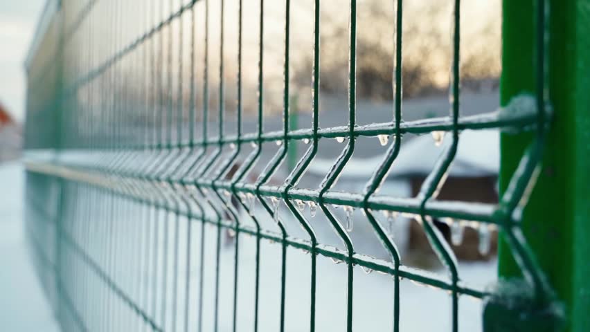 Green chain link fence covered in ice, close-up. Smooth camera movement