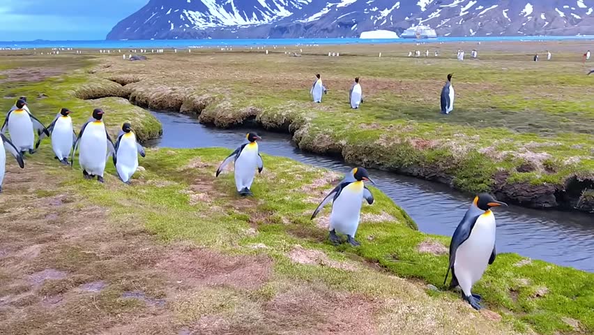 King Penguin Colony Beneath Antarctic Mountain Landscape