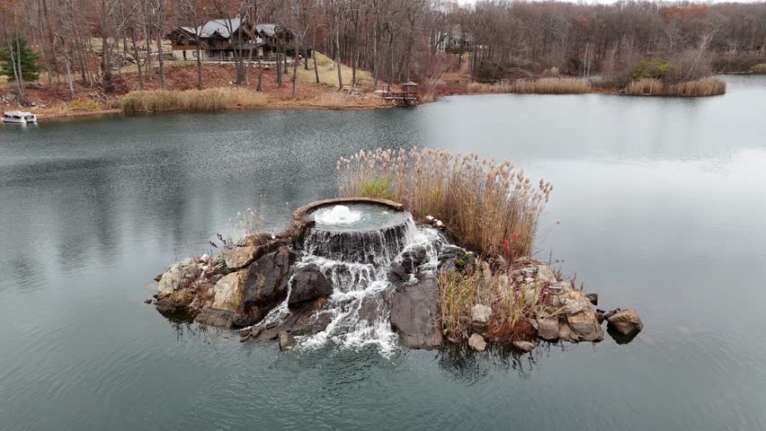 Aerial View of Rock Island Lake Club with Waterfall in the Middle of the Lake