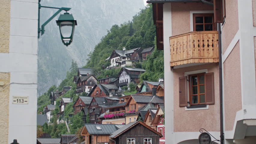 Beautiful cityscape of Hallstatt Austria. Streets of a historic tourist town in the Alps with authentic architecture.