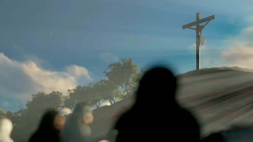 Silhouettes of diverse individuals gathered on a hillside during sunset, with a cross prominently displayed against a beautiful sky, evoking feelings of contemplation and peace.
