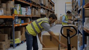 Animation of network of connections over warehouse workers. global connections, business, digital interface, technology and networking concept digitally generated video. - Powered by Shutterstock - Get 15% off with code: PIKWIZARD15