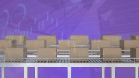Animation of data processing over boxes on conveyor belt. Global delivery and digital interface concept digitally generated video. - Powered by Shutterstock - Get 15% off with code: PIKWIZARD15