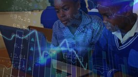 Two children collaborating on finance lesson tapping laptop trackpad and animating overlay charts. Children, education, technology, data visualization, teamwork, learning, classroom - Powered by Shutterstock - Get 15% off with code: PIKWIZARD15