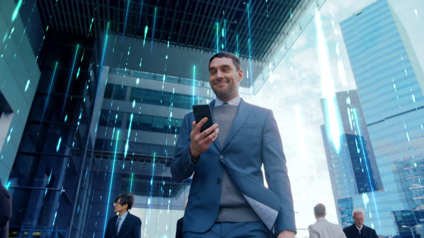Businessman Activates AI Smartphone While Walking through City Business Center. Hologram Code and Network Symbols Illustrate Wireless Data Flow, Digital Banking, Cloud Services, Secure Messaging