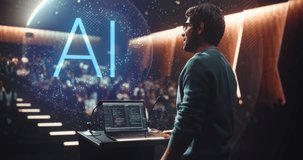 Male Lecturer Delivering a Computer Science AI Keynote From a University Podium, Gesturing to Activate Hologram. Laptop Code SHows as the Auditorium Audience Follows Machine Learning Software Concepts - Powered by Shutterstock - Get 15% off with code: PIKWIZARD15