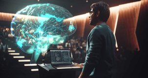 Lecturer Delivers a University Computer Science Keynote at the Podium, Gesturing Using Brain Hologram. Laptop Programming Code Manipulates AI and Neural network Software Concepts, Teaching Audience - Powered by Shutterstock - Get 15% off with code: PIKWIZARD15