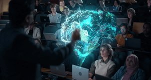 Lecturer Teaches in University Auditorium While Diverse Students Type on Laptops. Holographic Brain Made of Data Lines Visualizes Artificial Intelligence, Neural Network, Next gen Higher Education - Powered by Shutterstock - Get 15% off with code: PIKWIZARD15
