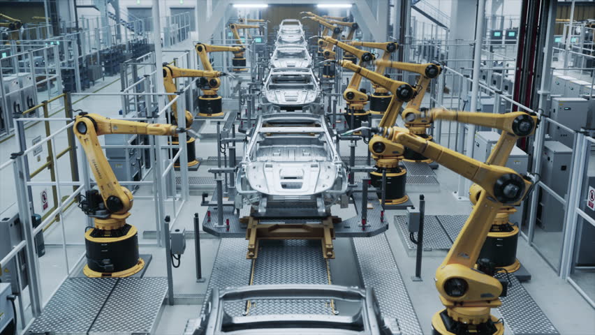 Industrial Robotic Arms Weld and Assemble Autonomous Cars on Production Line, Modern AI Enhanced Smart Factory. Automated Manufacturing, Precision Robotics, Industry 4.0 Automated Vehicle Assembly