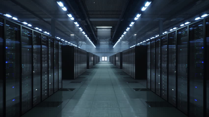 Data Center Server Hall Lined With Data Streaks Race. Illustrating Cloud Processing, Network, Cyber Secure Infrastructure. Conceptual Infrastructure Visualization