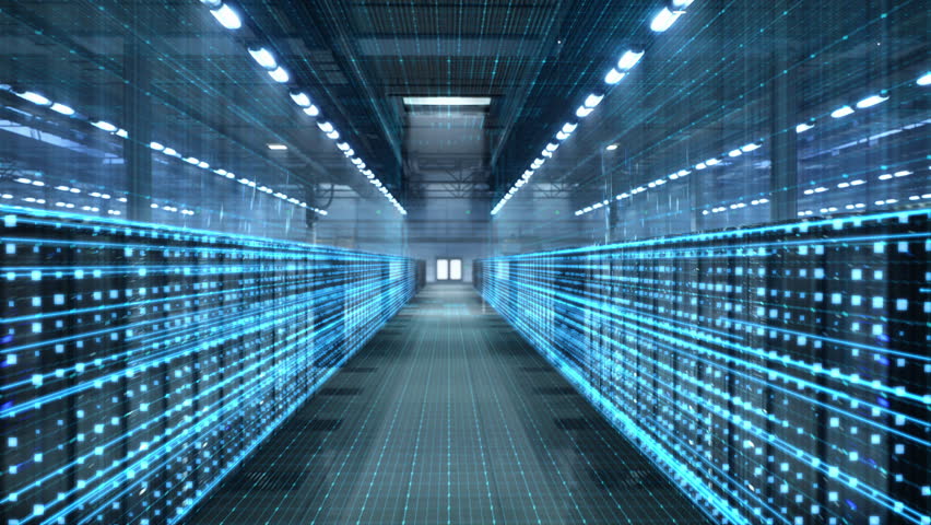 Data Center Server Hall Lined With Data Streaks Race. Illustrating Cloud Processing, Network, Cyber Secure Infrastructure. Conceptual Infrastructure Visualization