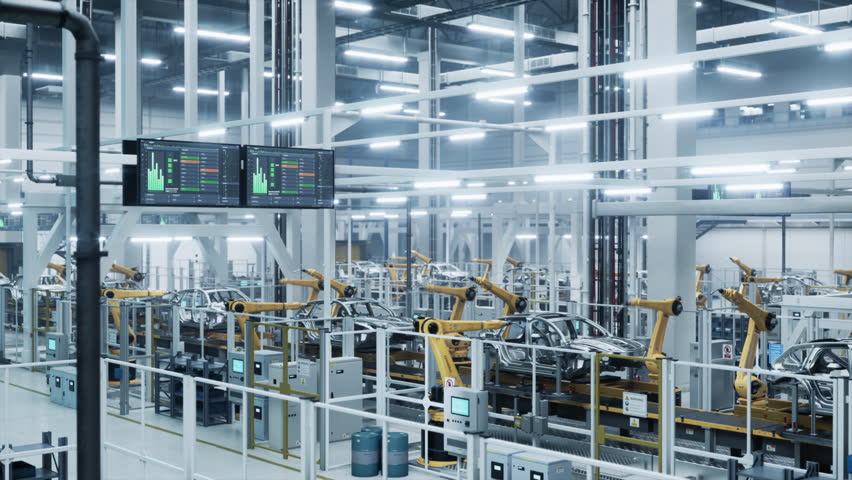 Wide Shot Factory with Industrial Robots Welding Car Frames on Autonomous Conveyor. Dashboards Display Live Production Metrics, Sensors, Control Cabinets Drive Continuous, Automotive Automation