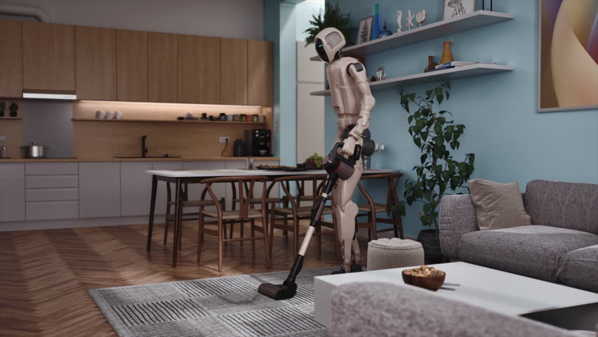 Humanoid Robot Cleans Apartment, Pushing a Cordless Stick Vacuum Across a Rug and Wood Floor Beside Sofa and Dining Table. Smart Home Housekeeping, Domestic Automation, AI Assistant, IOT Tech