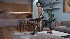 Humanoid Robot Cleans Apartment, Pushing a Cordless Stick Vacuum Across a Rug and Wood Floor Beside Sofa and Dining Table. Smart Home Housekeeping, Domestic Automation, AI Assistant, IOT Tech - Powered by Shutterstock - Get 15% off with code: PIKWIZARD15