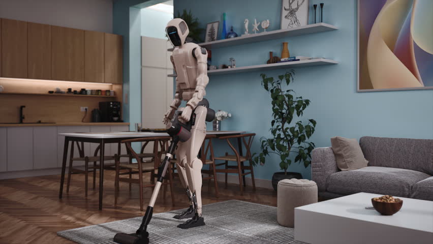 Humanoid Robot Cleans Apartment, Pushing a Cordless Stick Vacuum Across a Rug and Wood Floor Beside Sofa and Dining Table. Smart Home Housekeeping, Domestic Automation, AI Assistant, IOT Tech
