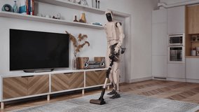 Futuristic Humanoid Robot Autonomously Vacuums a Rug With a Stick Vacuum, AI Home Automation, Precision Navigation, Advanced Robotics for Efficient Smart Assistance, Housekeeping - Powered by Shutterstock - Get 15% off with code: PIKWIZARD15