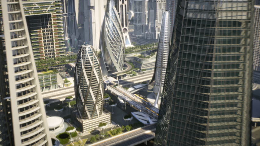 Aerial Glide Through a Sci‑fi Metropolis of Towers and Garden Blocks, Drone and Air Taxi Above Elevated Rail Lines, Skybridges, and Sunlit Boulevards, Sustainable Architecture and Urban Mobility