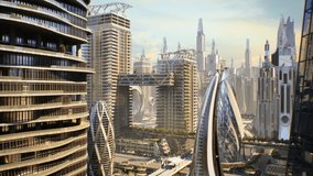 Futuristic City: Districts With Exoskeleton Buildings, Skybridges. Multilevel Transit Corridors, Rooftop eco gardens, Smart Mobility, Energy Efficient Infrastructure, Sustainable Megacity Systems - Powered by Shutterstock - Get 15% off with code: PIKWIZARD15