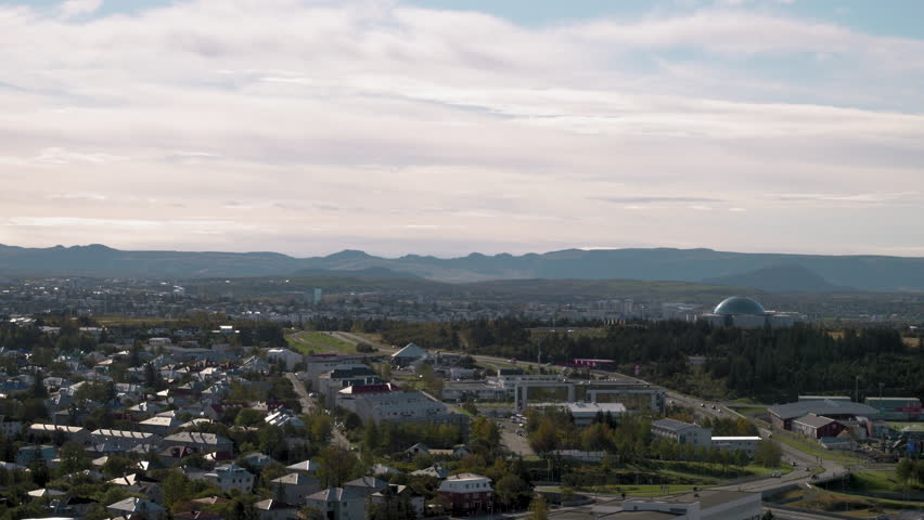 Aerial view of Reykjavik, Iceland, looking out over the museums and observatories