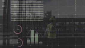 Animation of data processing over caucasian female worker at building site. Global business and digital interface concept digitally generated video. - Powered by Shutterstock - Get 15% off with code: PIKWIZARD15