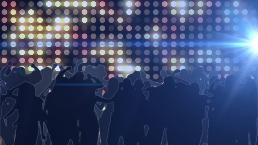 Silhouetted crowd dancing over colorful light dots animation. Party, celebration, nightlife, music, concert, vibrant