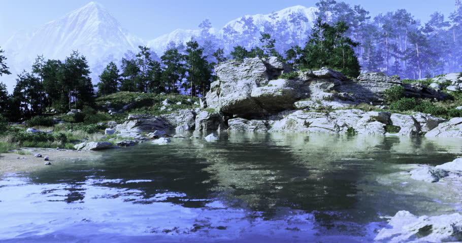 A beautiful mountain landscape showcases a clear lake reflecting the surrounding trees and rocks. Majestic peaks rise in the background, creating a peaceful natural setting.
