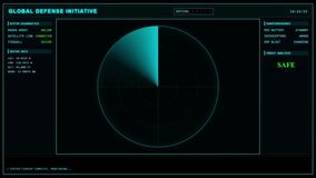 Futuristic military radar interface tracking hostile targets with DEFCON escalation, missile warnings, and laser defense countermeasures. - Powered by Shutterstock - Get 15% off with code: PIKWIZARD15