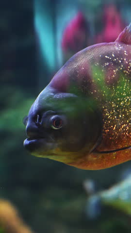 Close-up of a red-bellied piranha swimming in a freshwater aquarium. Carnivorous tropical fish known for strong jaws and sharp teeth. Vertical shot