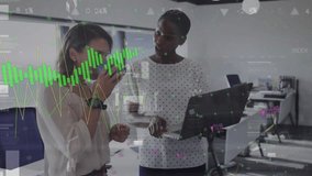 Animation of financial data processing over diverse business people in office. Global business, finance, computing and data processing concept digitally generated video. - Powered by Shutterstock - Get 15% off with code: PIKWIZARD15