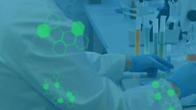 Scientists working in laboratory with green molecular structures and data processing animation. Science, research, technology, innovation, analysis, biotechnology - Powered by Shutterstock - Get 15% off with code: PIKWIZARD15