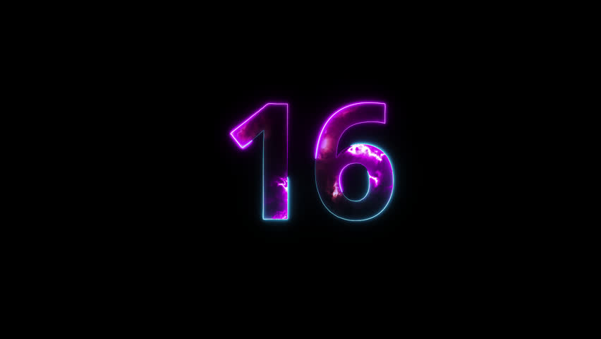 Neon number 16 with alpha channel, number sixteen, numerology, neon number with transparent background