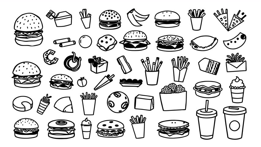 Breakfast and coffee to-go doodle icon pack. Hand-drawn animated elements. 4K loop with alpha channel.