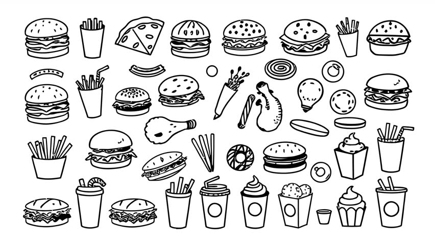Fast food doodle icon pack. Hand-drawn animated elements. 4K loop with alpha channel.