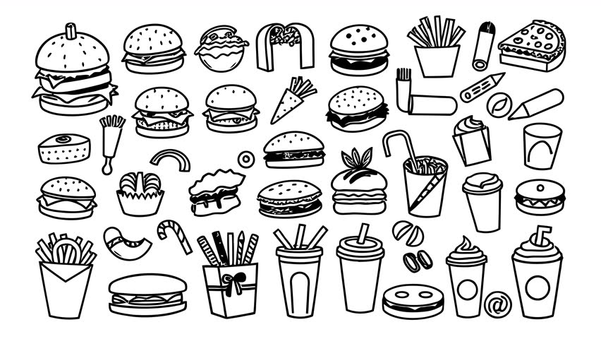 Animated doodle icons for a fast food menu or promo. Hand-drawn elements with alpha channel in 4K.