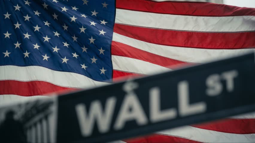 Wall Street Street Sign Close Up, NYC Financial District, US Flag Background