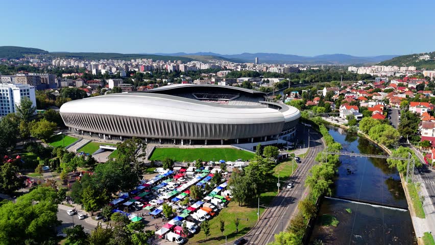Aerial view of Cluj Arena modern stadium located in the city of Cluj-Napoca, Romania