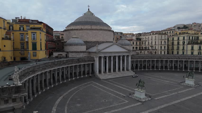 Drone aerial view of Piazza del Plebiscito in Naples, Italy, featuring the San Francesco di Paola church